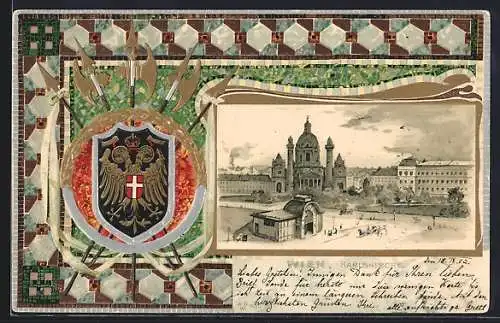 Passepartout-Lithographie Wien, Strassenpartie mit Karlskirche, Wappen