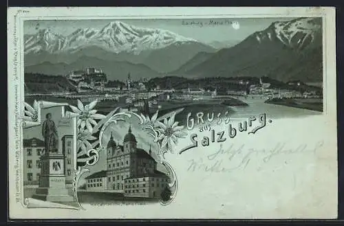 Mondschein-Lithographie Salzburg, Mozart-Denkmal, Kirche Maria Plain, Gesamtansicht mit Bergpanorama