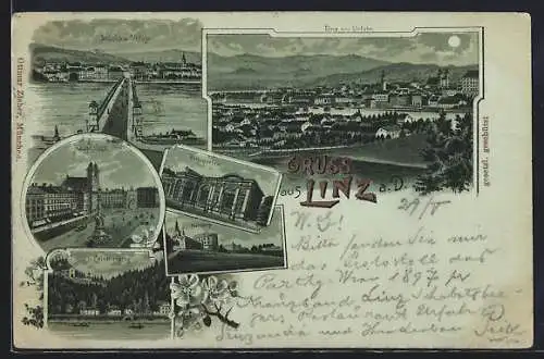 Mondschein-Lithographie Linz a. D., Brücke u. Urfahr, Hauptplatz, Calvarienberg, Ortsansicht von Urfahr aus