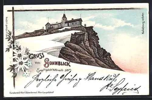 Lithographie Rauris, Sonnblick, Wetterwarte mit Umgebung, Edelweiss