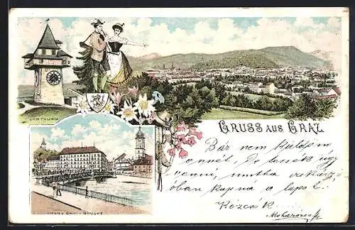 Lithographie Graz, Ortspartie mit Franz Carl-Brücke, Trachtenpaar mit Wappen, Gesamtansicht