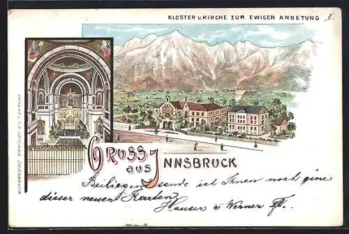 Lithographie Innsbruck, Kloster und Kirche zur Ewigen Anbetung, mit Innenansicht