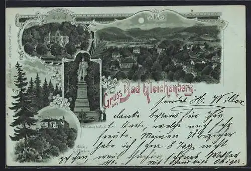 Mondschein-Lithographie Bad Gleichenberg, Gundenhof, Wichenburg-Denkmal, Schloss, Ortsansicht aus der Vogelschau