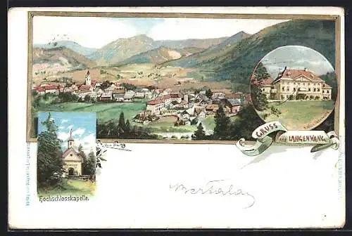 Lithographie Langenwang, Hochschlosskapelle, Schloss Hohenwang, Gesamtansicht mit Bergpanorama