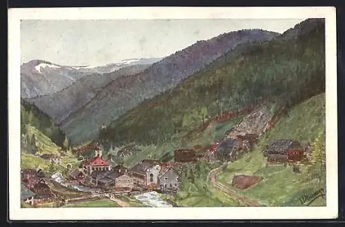 Künstler-AK Turrach, Ortsansicht mit Berglandschaft