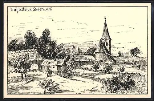 Künstler-AK Trahütten i. Steiermark, Ortsansicht mit Kirche