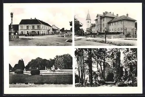 AK Kittsee, Brunnen, Kirche, Restaurant Hauswirth, Burgruine