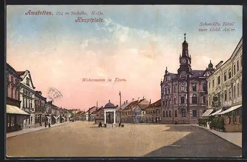 AK Amstetten /N.-Oe., Schmidt`s Hotel zum Gold. Adler am Hauptplatz, Wehrmann in Eisen
