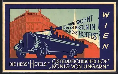 Künstler-AK Wien, Hotel Hess Österreichischer Hof und König von Ungarn, Autobus