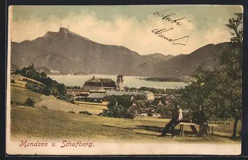 AK Mondsee, Ortsansicht mit dem Schafberg