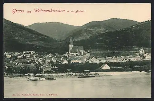 AK Weissenkirchen an der Donau, Ortsansicht mit Raddampfer