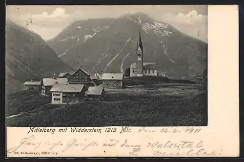 AK Mittelberg, Ortsansicht mit Widderstein u. Kirche