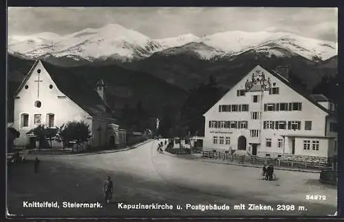 AK Knittelfeld, Kapuzinerkirche und Postgebäude mit Zinken