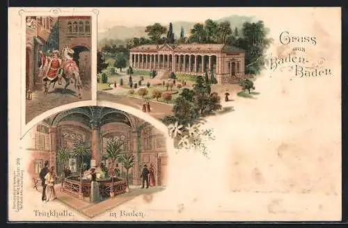 Lithographie Baden-Baden, Blick auf die Trinkhalle