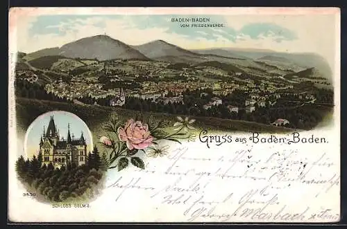 Lithographie Baden-Baden, Schloss Solms, Panorama, Rose