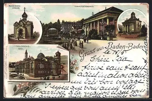 Lithographie Baden-Baden, Friedrichsbad, Russische Kirche, Konversationshaus