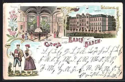 Lithographie Baden-Baden, Landesbad, Trinkhalle, Paar in Tracht