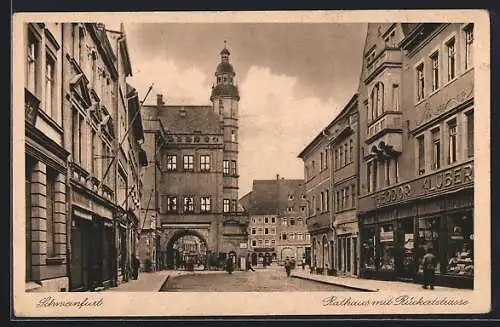 AK Schweinfurt, Rückertstrasse mit Geschäften und Rathaus