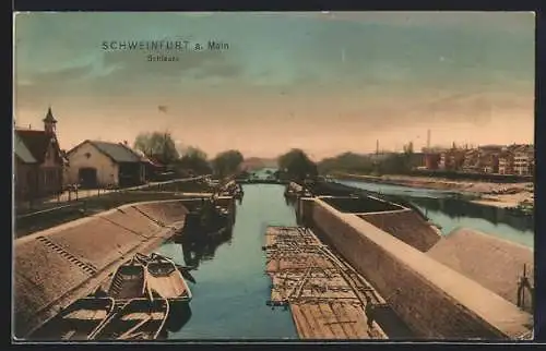 AK Schweinfurt a. M., Schleuse mit Booten und Flössen