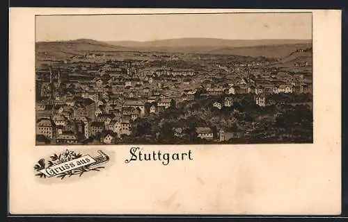 Lithographie Stuttgart, Ortsansicht aus der Vogelschau