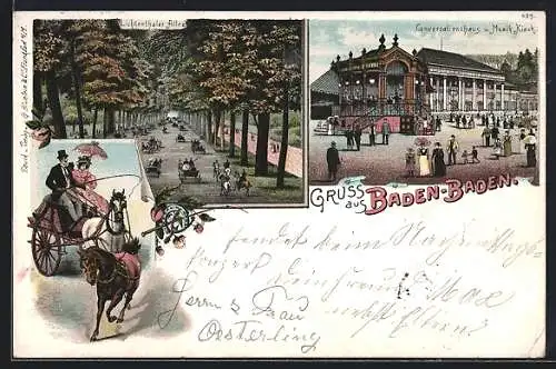 Lithographie Baden-Baden, Conversationshaus und Musik-Kiosk, Lichtenthaler Allee