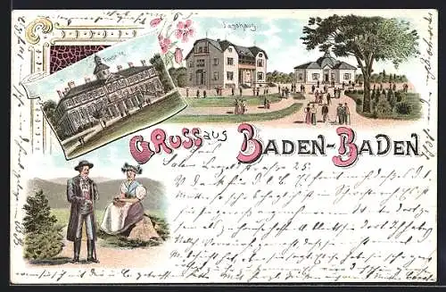 Lithographie Baden-Baden, Jagdhaus, Paar in traditionellen Trachten