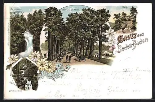 Lithographie Baden-Baden, Lichtenthaler Allee, Geroldsauer Wasserfall & Gertelbachfall