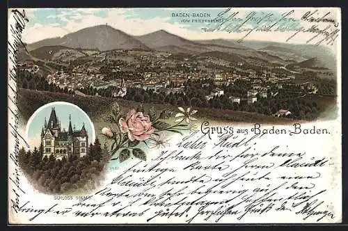 Lithographie Baden-Baden, Panorama & Schloss Solms