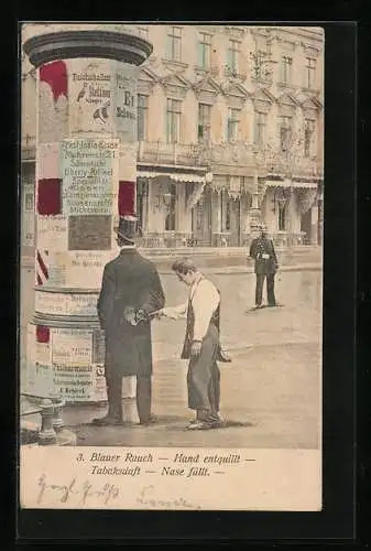 AK Berlin, Schusterjunge greift nach der Zigarette eines Herrn, Litfasssäule