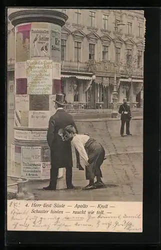 AK Berlin, Schusterjunge zieht an der Zigarette eines Herrn, Litfasssäule