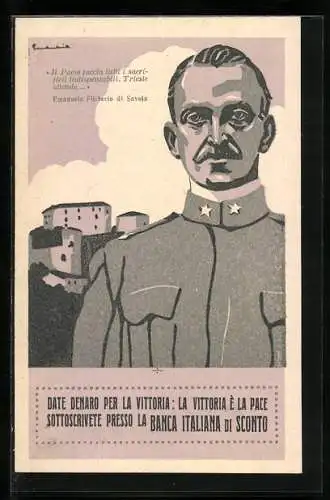 Künstler-AK Aufforderung zum Zeichnen italienischer Kriegsanleihen, Emanuele Filiberto di Savoia, violett