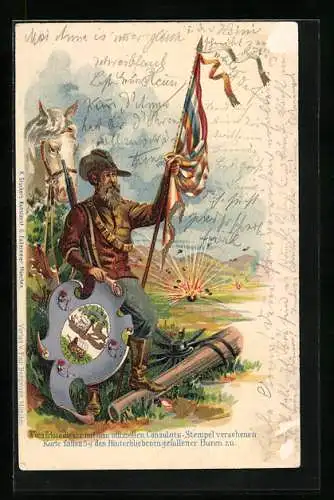 AK Soldat mit Fahne und Wappen, Burenkrieg