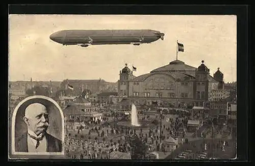 AK Frankfurt, Zeppelin über der ILA-Ausstellung, Porträt Graf Zeppelin