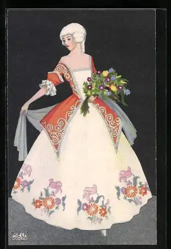 Künstler-AK Mela Köhler: Dame mit weisser Perücke und Blumen, Barock, Rokoko
