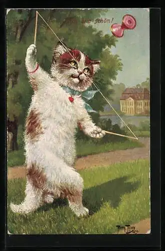 Künstler-AK Arthur Thiele: Katze mit Diabolo-Spiel