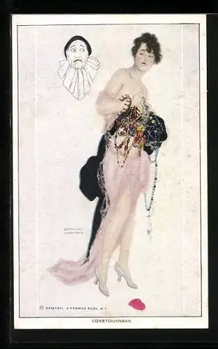Künstler-AK Raphael Kirchner: Covetousness, Dame mit Schmuck, Pantomime