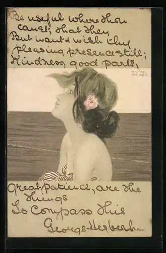 Künstler-AK Raphael Kirchner: Mädchen mit Rose im Haar, Profilbild