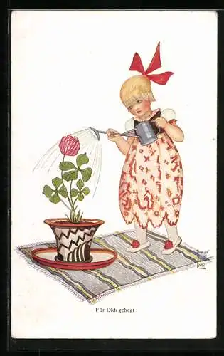 Künstler-AK Mela Köhler: Mädchen giesst eine Blume, Neujahrsgruss