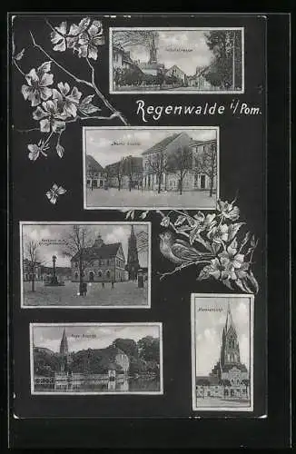 AK Regenwalde i. Pom., Schulstrasse, Rega-Ansicht, Rathaus mit Kriegerdenkmal
