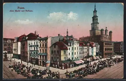 AK Posen / Poznan, Alter Markt und Rathaus, Marktszene