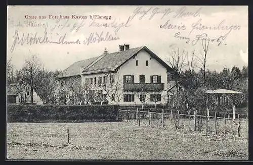 AK Forsthaus Kasten b. Planegg, Ortspartie mit Häusern und Garten