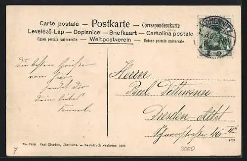 AK Chemnitz, Gasthaus Waldschenke, Kaiserliche Oberpostdirektion, Adolfstrasse