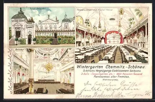 Lithographie Chemnitz-Schönau /Sa., Gasthaus Wintergarten, Innenansicht Theater- und Konzertsaal Krystall-Palast