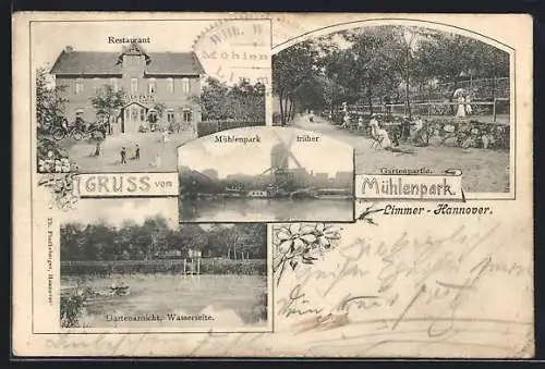 AK Hannover-Limmer, Gasthaus Mühlenpark heute und früher mit Windmühle, Gartenpartie