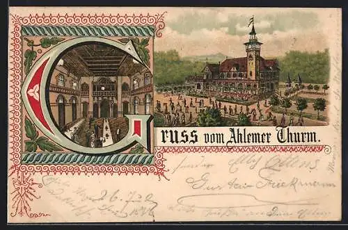 Lithographie Hannover, Gasthaus Ahlemer Turm mit Passanten, Innenansicht