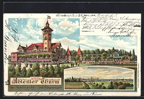Lithographie Hannover, Gasthaus Ahlemer Turm, Panorama