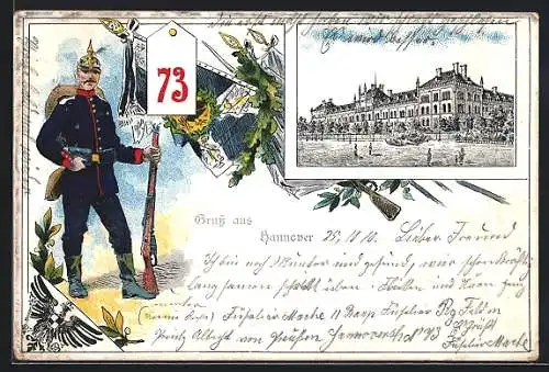 Lithographie Hannover, Strassenpartie, Soldat des 73. Regiments