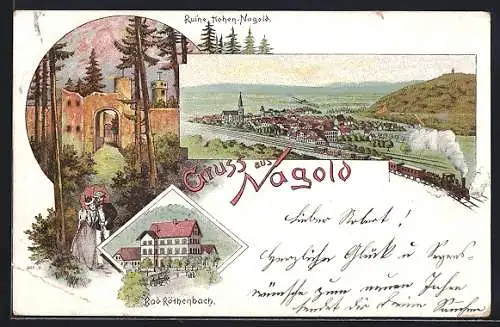 Lithographie Nagold, Gasthof Bad Röthenbach, Ruine Hohen-Nagold