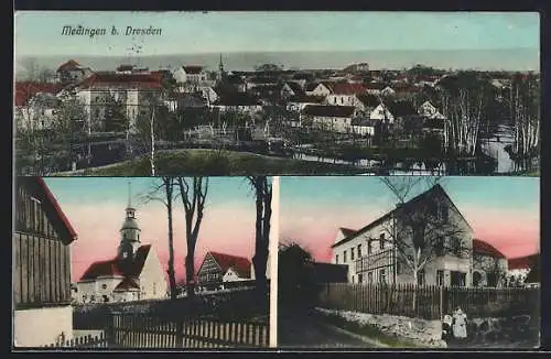 AK Medingen / Hermsdorf, Blick zum Ort, Kirche, Wohnhaus