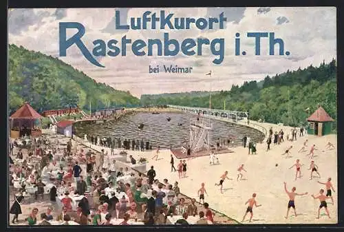 Künstler-AK Rastenberg, Schwimmbad mit Badegästen